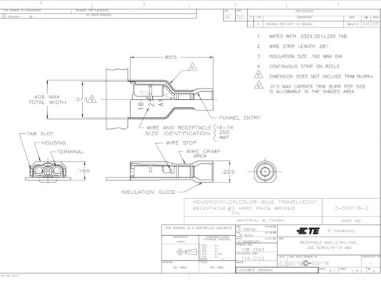 TE Connectivity 3-520116-2 Ultra-Fast 250 Blue Insulated Female Spade Connector Fully Insulated Male and Female Disconnects